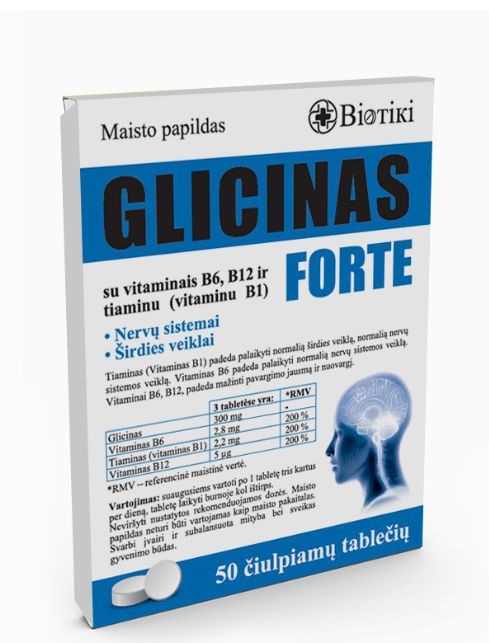 Glycine Forte nutritional supplement with vitamins B6, B12 and thiamine, 50 tablets.
